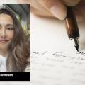 Portrettfoto av Antonia Johannesen mot bakgrunn av skrivende hånd