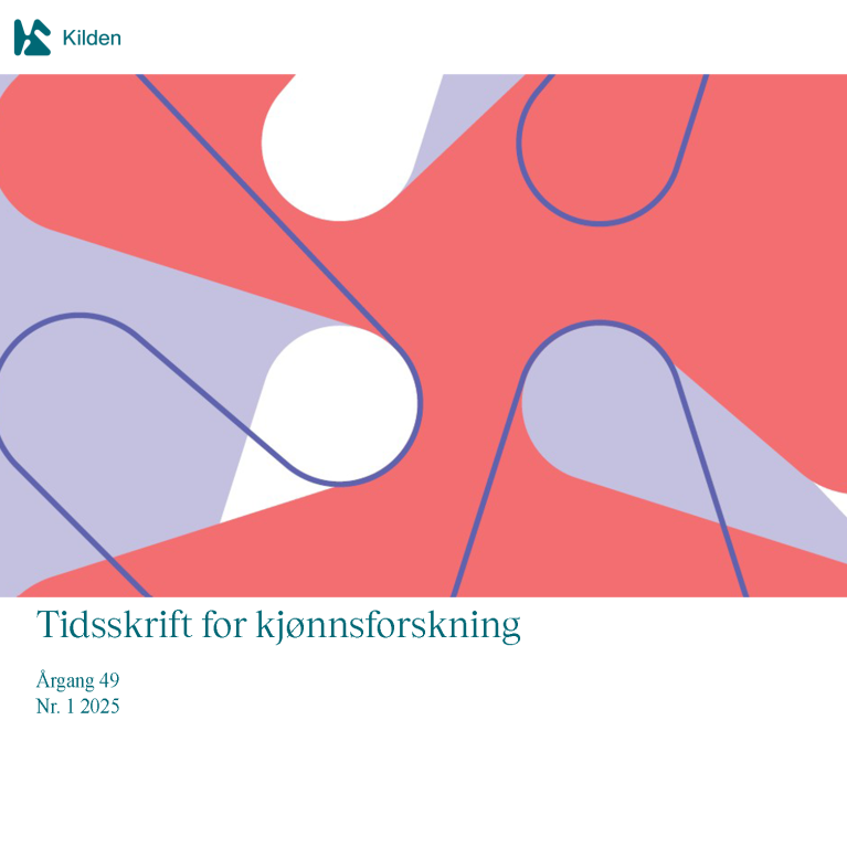 Forsideillustrasjon Tidsskrift for kjønnsforskning 1-25 med grafisk design i rød, hvit og lilla utsnitt av Kildens logo K